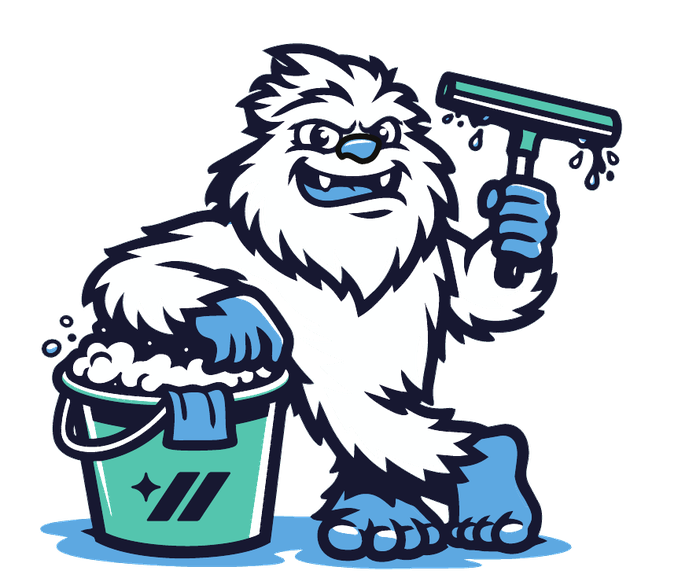 Wasatch West Window Cleaning mascot, a friendly yeti holding a squeegee beside a soapy bucket
